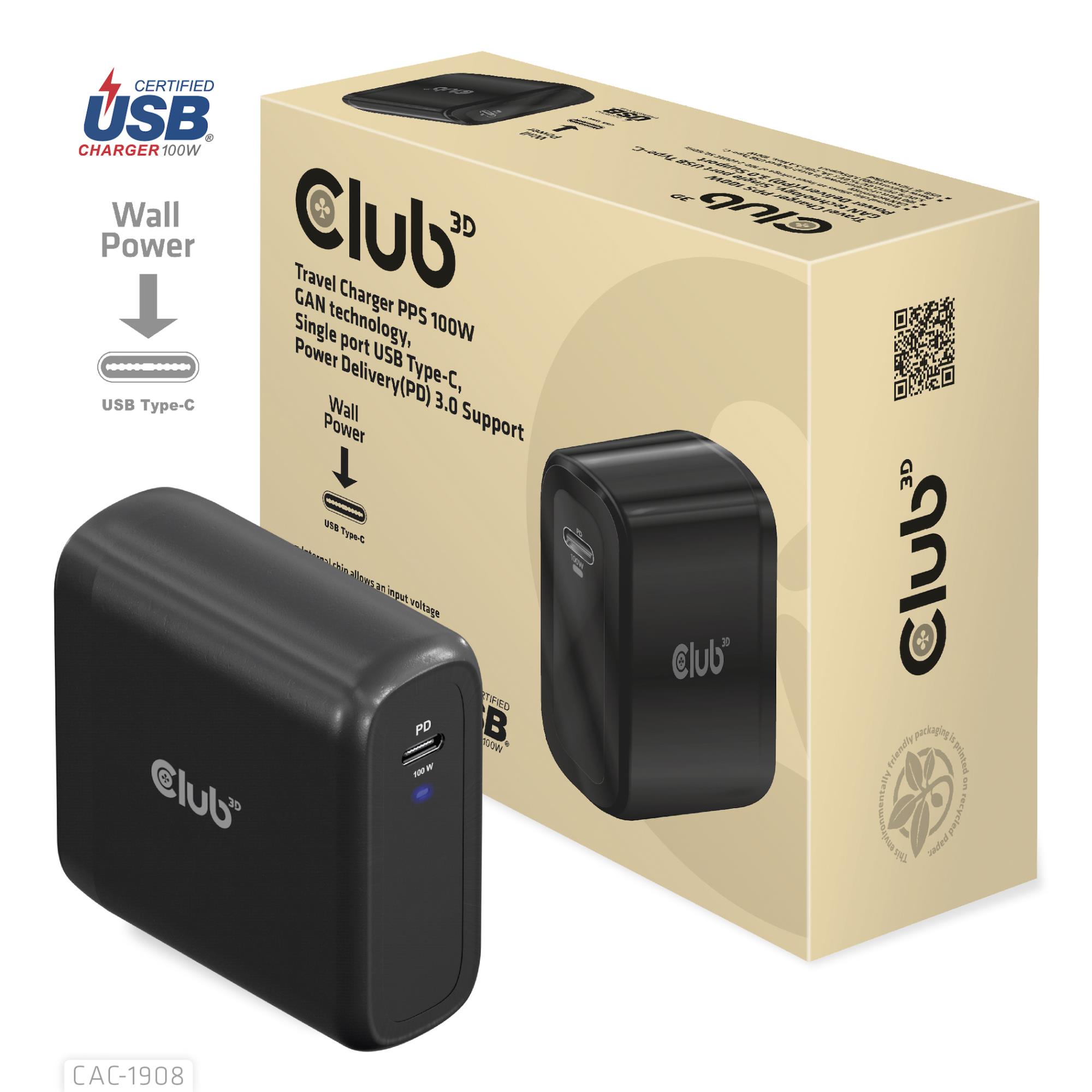 CLUB 3D Travel Charger 100 Watt GAN tech