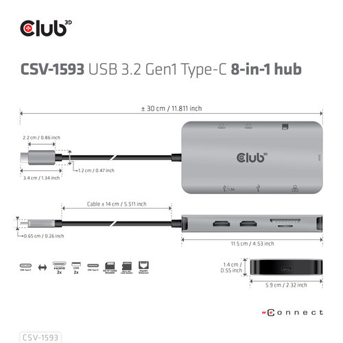 CLUB 3D USB 3.2 GEN1 TYPE-C 8 IN 1 HUB — pilt 6