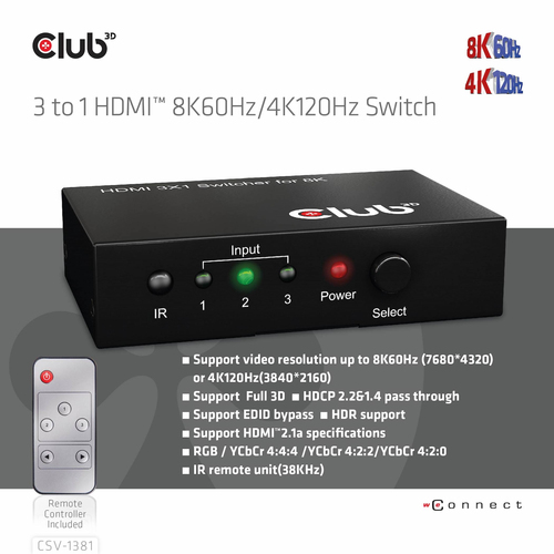 CLUB 3D 3 to 1 HDMI 8K60Hz Switch — pilt 8