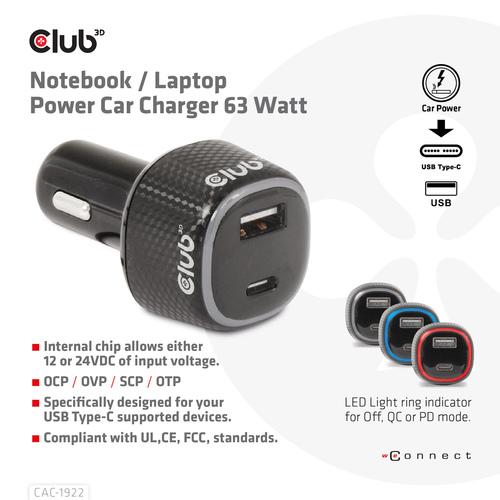 CLUB 3D Notebook Laptop Power Car Chrgr — pilt 2