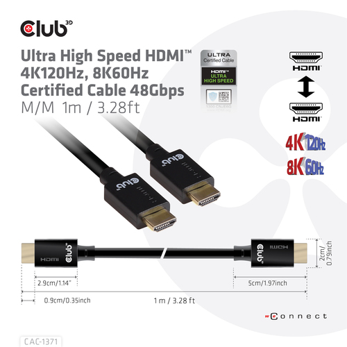 CABLE HDMI TO HDMI 1M/M/M CAC-1371 CLUB3D — pilt 4