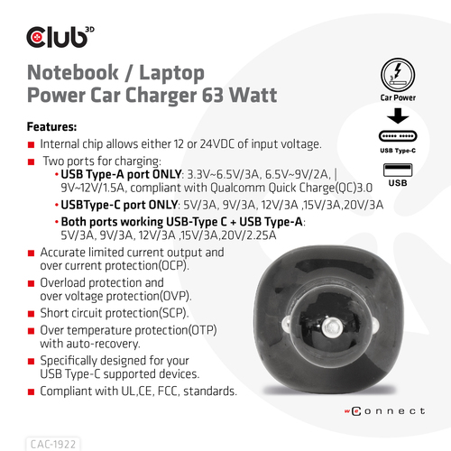 CLUB 3D Notebook Laptop Power Car Chrgr — pilt 7