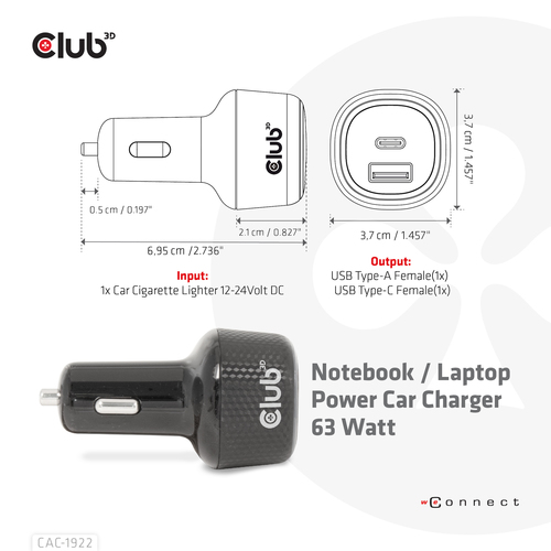 CLUB 3D Notebook Laptop Power Car Chrgr — pilt 3