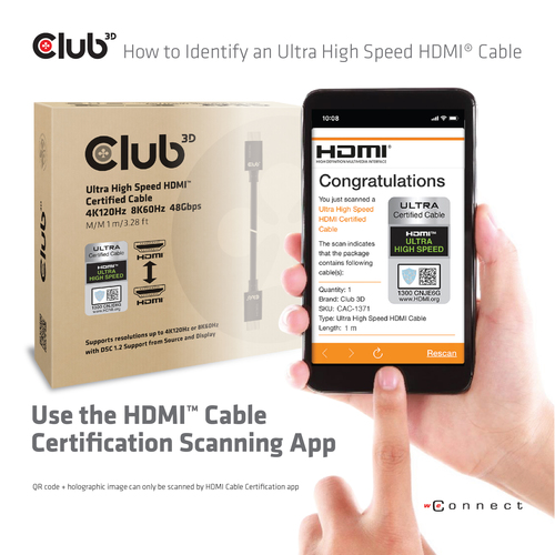 CABLE HDMI TO HDMI 1M/M/M CAC-1371 CLUB3D — pilt 7