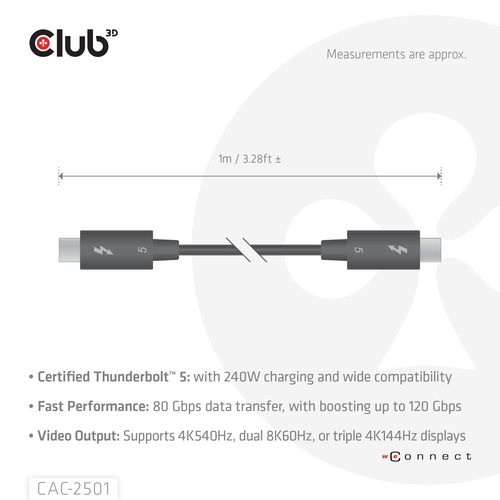 CLUB 3D Thunderbolt 5 1m Cable — pilt 4