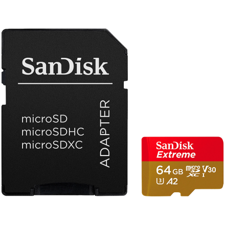 SANDISK Extreme microSDXC 64GB for Action Cams and Drones + SD Adapter + 1 year RescuePRO Deluxe up to 170MB/s & 80MB/s Read/Write speeds A2 C10 V30 UHS-I U3