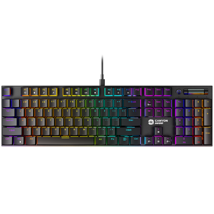 Canyon 104keys Mechanical keyboard, 50million times life, with VS11K28A solution, GTMX red switch, RGB backlight, 18 modes, 1.8m PVC cable, metal material + ABS, UK layout, size: 436*126*26.6mm, weight:820g, black