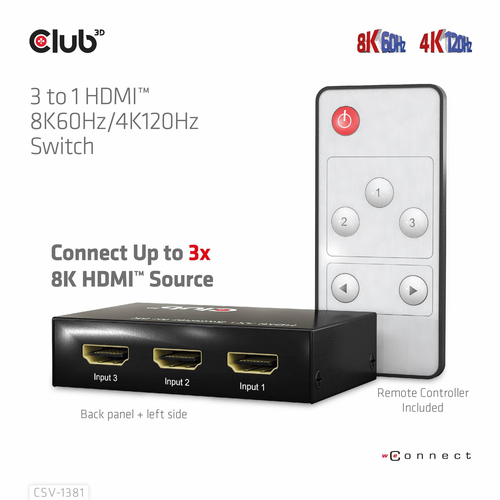 CLUB 3D 3 to 1 HDMI 8K60Hz Switch — pilt 14