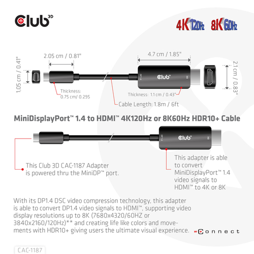 CLUB 3D MiniDisplayPort 1.4 to HDMI 1.8m — pilt 3