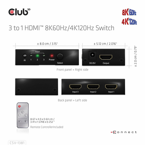 CLUB 3D 3 to 1 HDMI 8K60Hz Switch — pilt 10