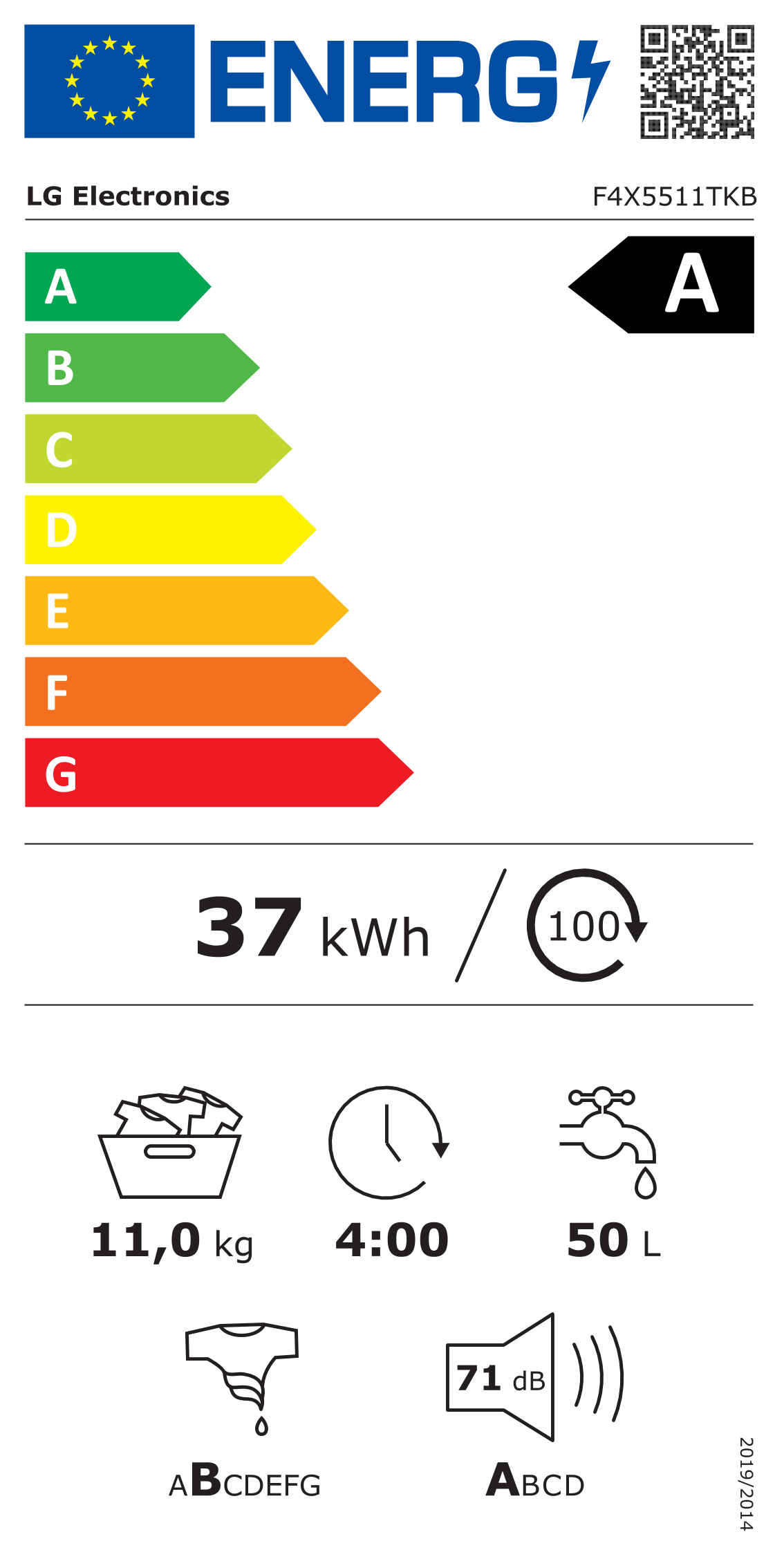 LG Washing machine F4X5511TKB, A, Front loading, Washing capacity 11 kg, Depth 57 cm, 1351 RPM, LED, White | LG