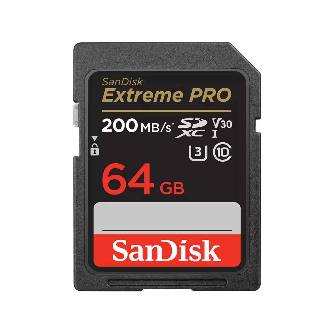 SANDISK Extreme PRO 64GB SDXC Memory Card + 2 years RescuePRO Deluxe up to 200MB/s & 90MB/s Read/Write speeds, UHS-I, Class 10, U3, V30