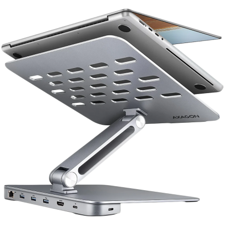 AXAGON HMC-STND ALU stand with HUB 5Gbps, for 10'' - 16'' laptops, adjustable, 3x USB-A, HDMI 4K/60Hz, GLAN, PD 100W, USB-C input