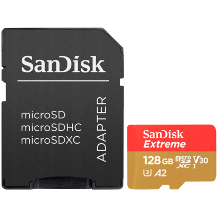 SANDISK Extreme microSDXC 128GB + SD Adapter + 1 year RescuePRO Deluxe up to 190MB/s & 90MB/s Read/Write speeds A2 C10 V30 UHS-I U3