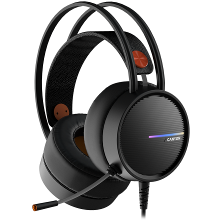 CANYON Gaming headset 3.5mm jack plus USB connector for LED backlight, adjustable microphone and volume control, with 2in1 3.5mm adapter, cable 2M, Black and Orange, 0.36kg