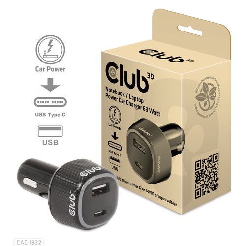 CLUB 3D Notebook Laptop Power Car Chrgr