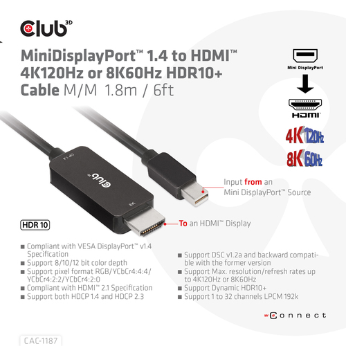 CLUB 3D MiniDisplayPort 1.4 to HDMI 1.8m — pilt 2